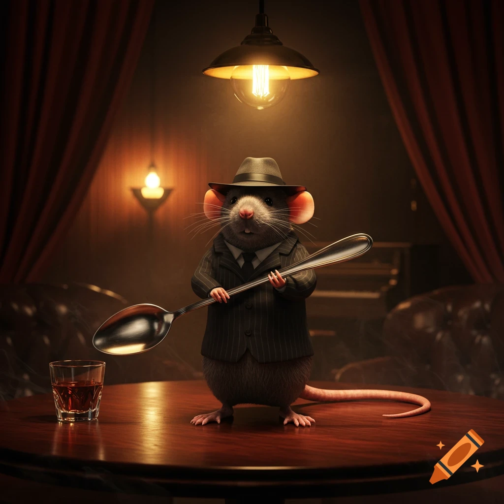 A photorealistic rat in a pinstripe suit and fedora holds a large spoon, standing on a table with a drink in a dimly lit, cinematic lounge.