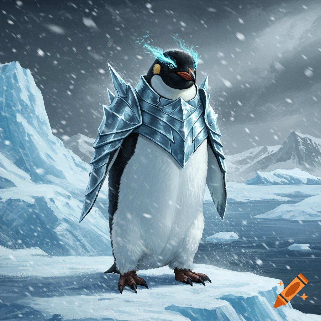 An emperor penguin in detailed metallic armor with glowing blue eyes stands in a snowy arctic landscape.