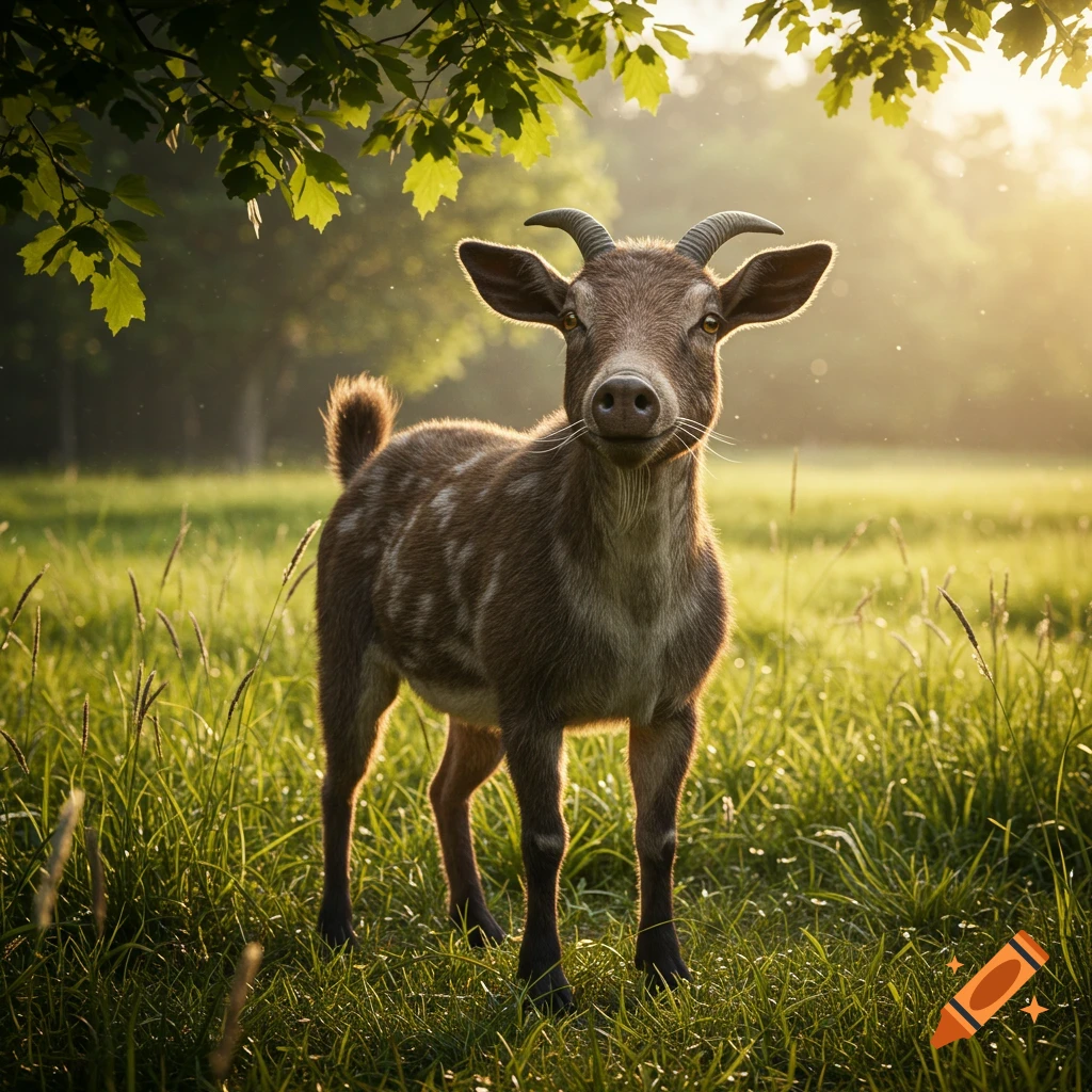 A photorealistic brown goat with small horns stands in a sunny, grassy field under green leaves.