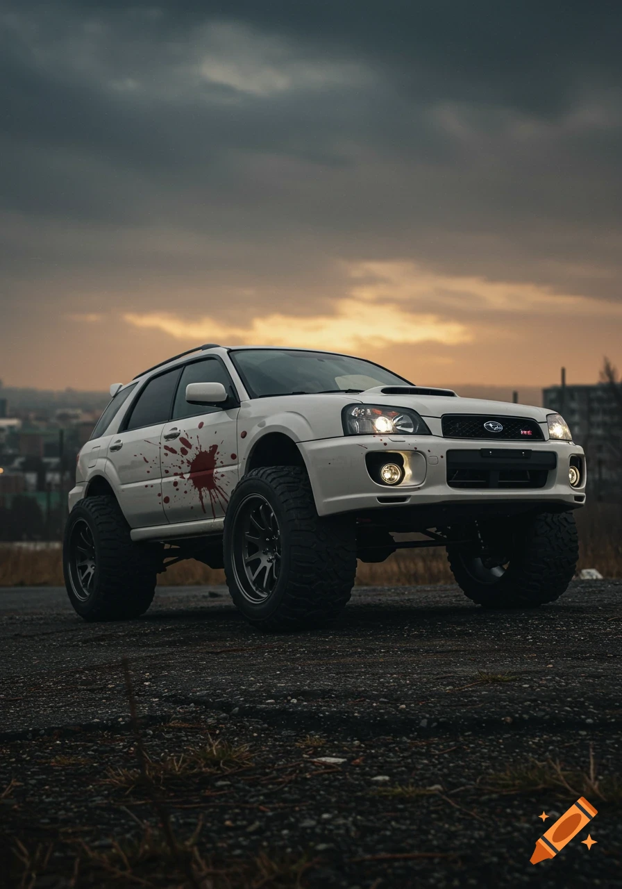 A white lifted Subaru WRX wagon with blood splatter on its side, parked on an asphalt road under a dramatic, cloudy sunset sky.