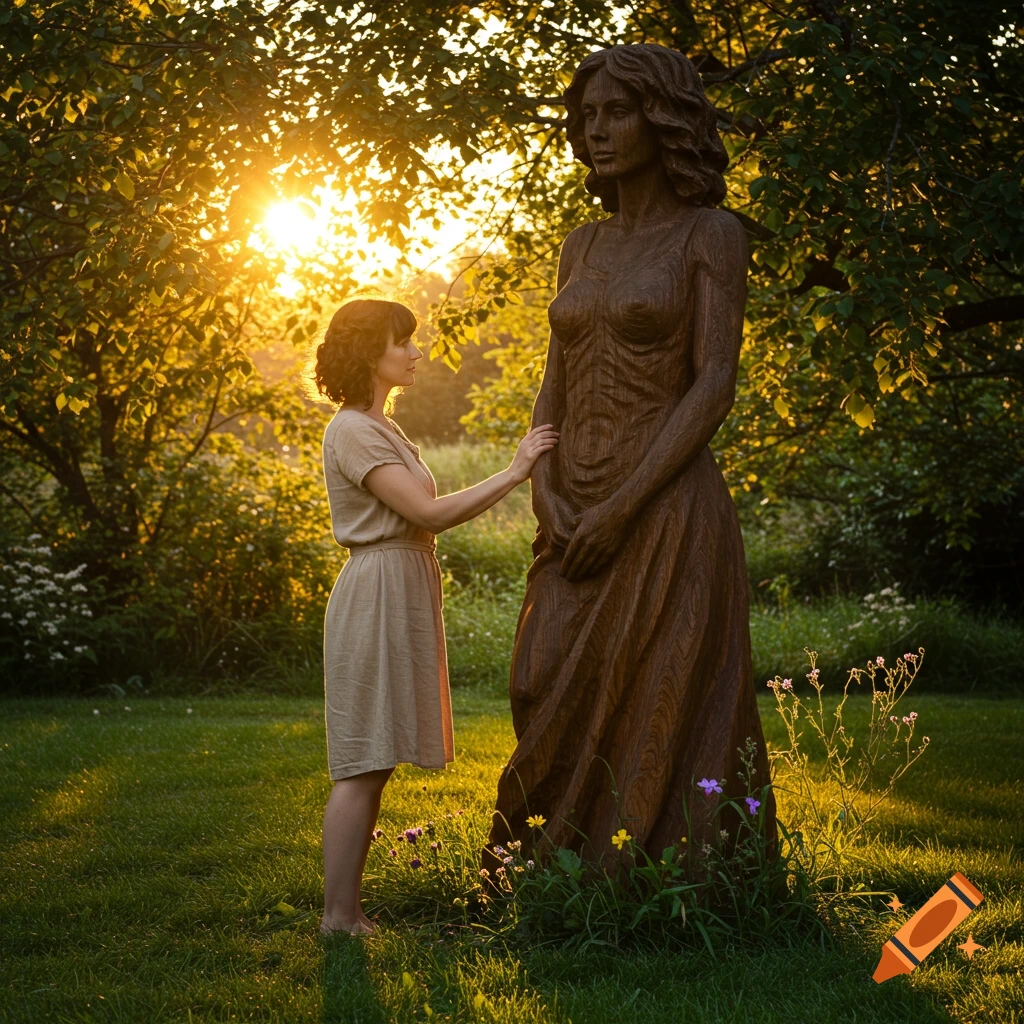 A woman in a beige dress stands admiring a large wooden statue of a woman in a lush green garden at sunset, with sun rays filtering through trees.