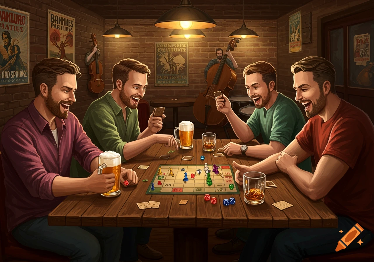 Four men in their 30s laugh and play a board game at a wooden table in a dimly lit bar, with beers and bourbon.