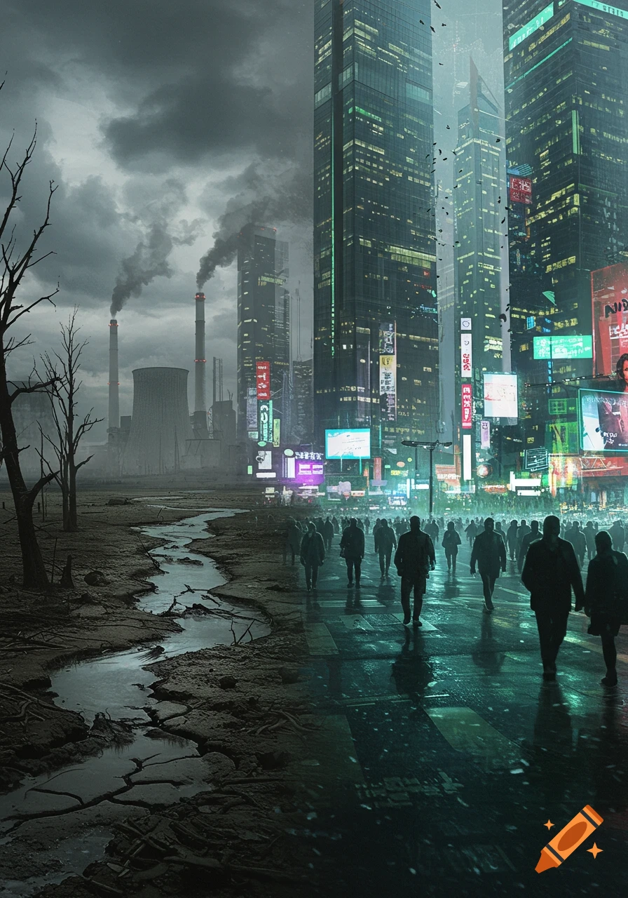 A split image showing a barren, polluted wasteland with factories on the left, and a bustling, futuristic city with neon lights and crowds on the right.