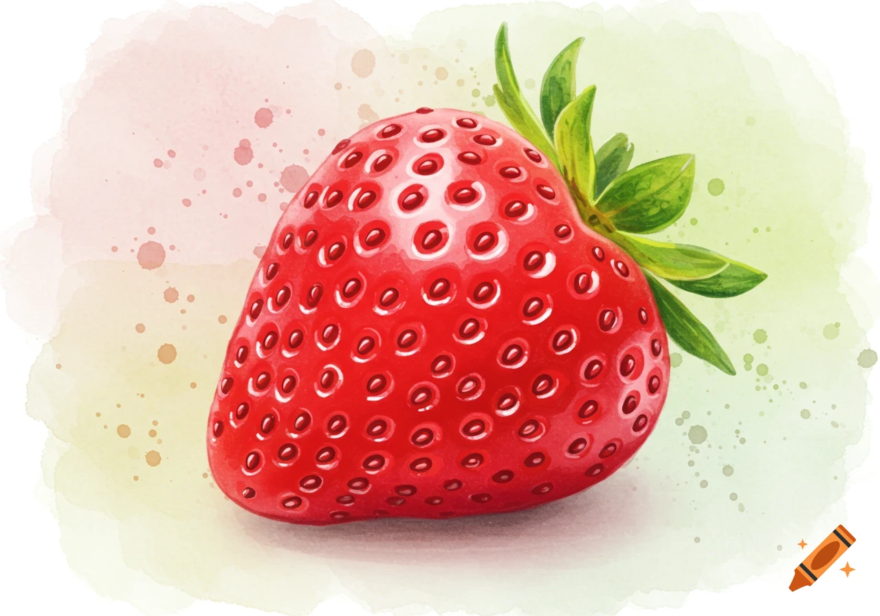 A vibrant red strawberry with green leaves, rendered in a watercolor style with soft splashes of color.