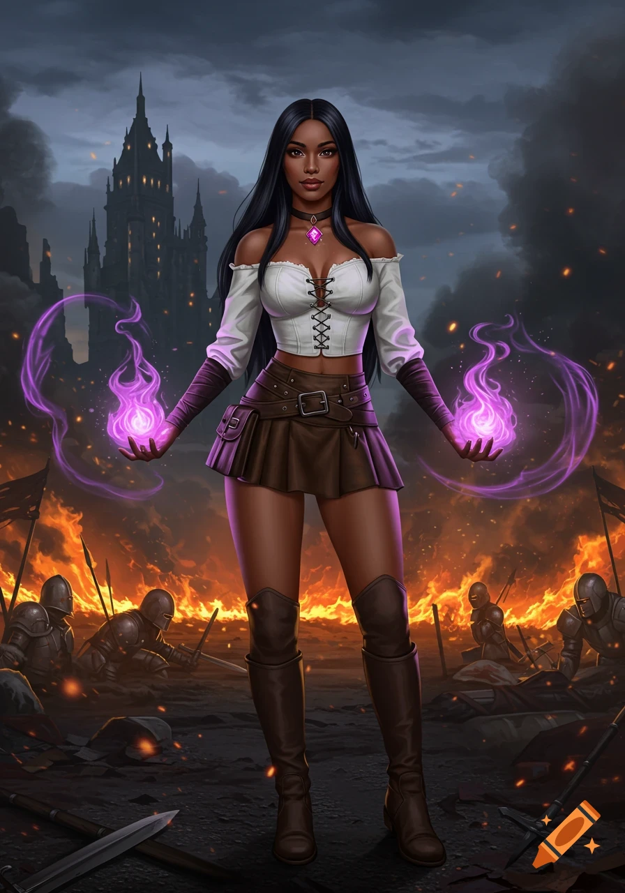 A dark-haired sorceress in a white top and brown skirt stands on a battlefield holding glowing purple fire, with a destroyed castle in the background at twilight. Digital art.