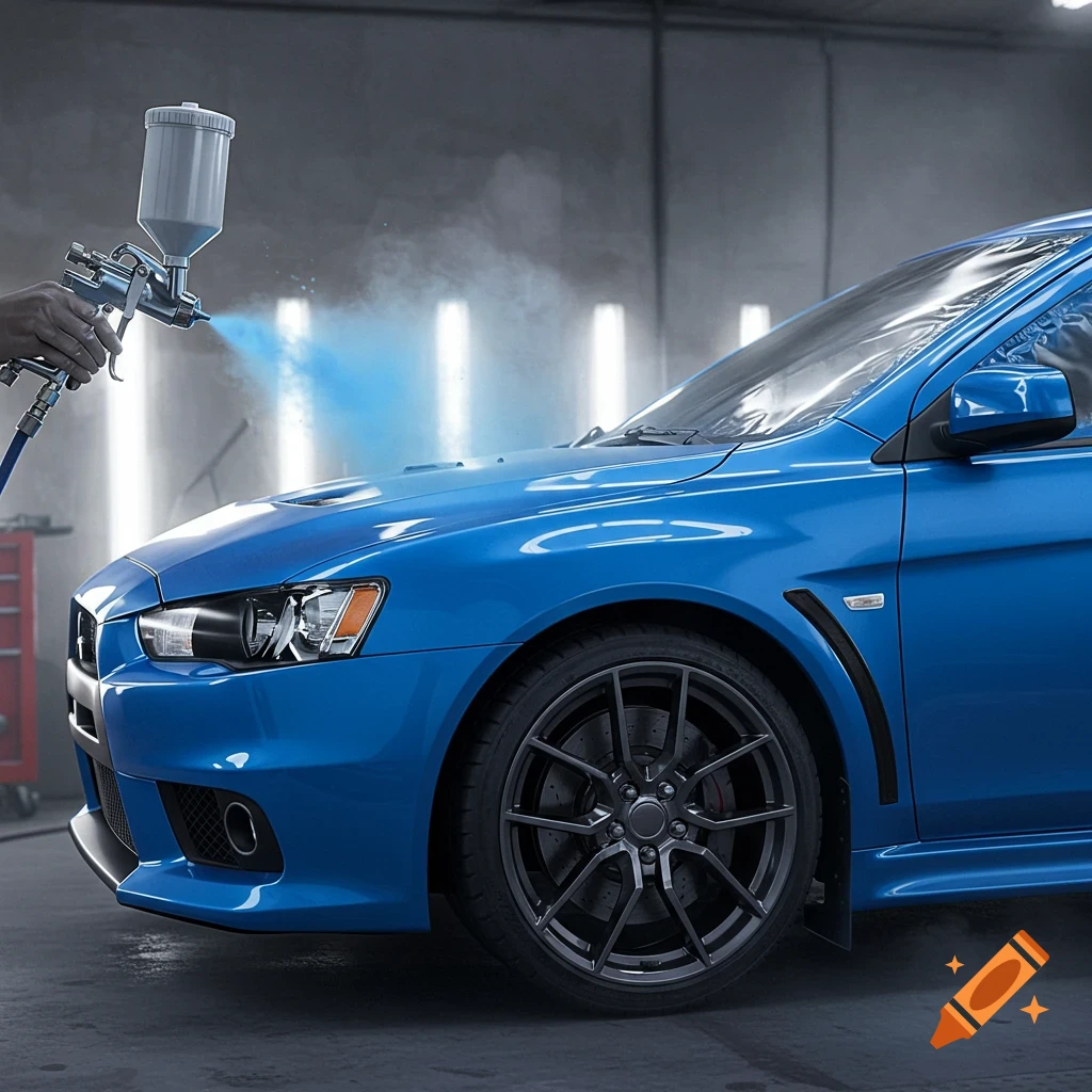 A person spray-painting a blue car with blue paint in an auto body shop.