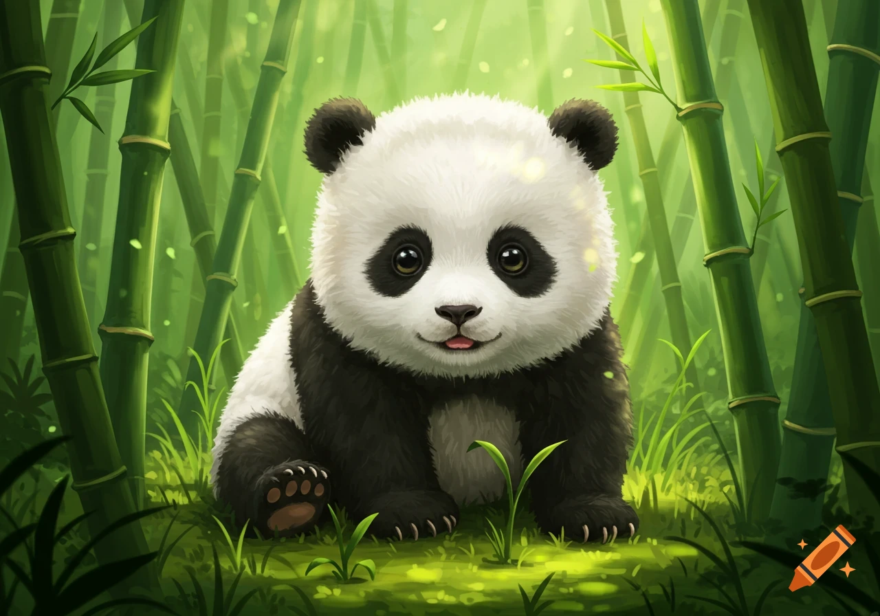 A cute baby panda sits in a vibrant green bamboo forest. Illustrated in a charming style.