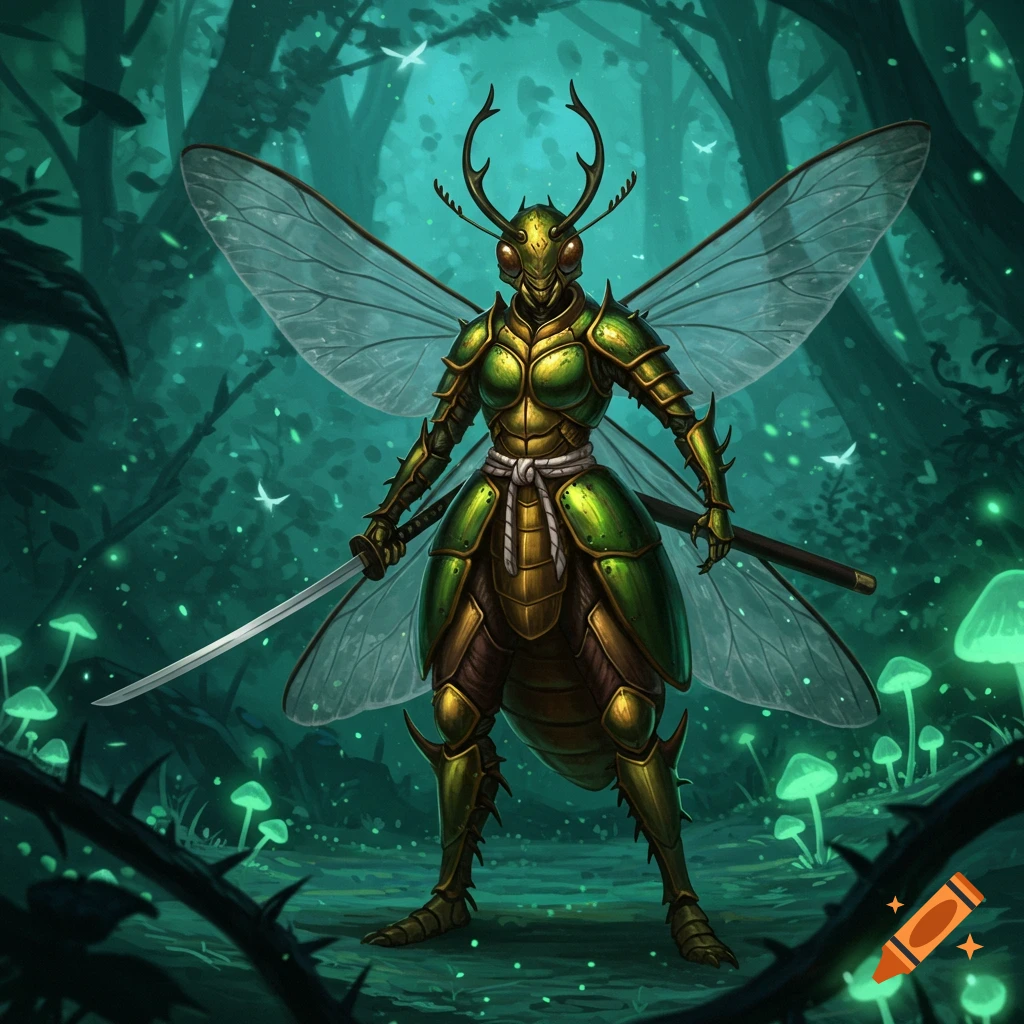A fantasy insect warrior in green samurai armor holds a katana in a dark, glowing forest.