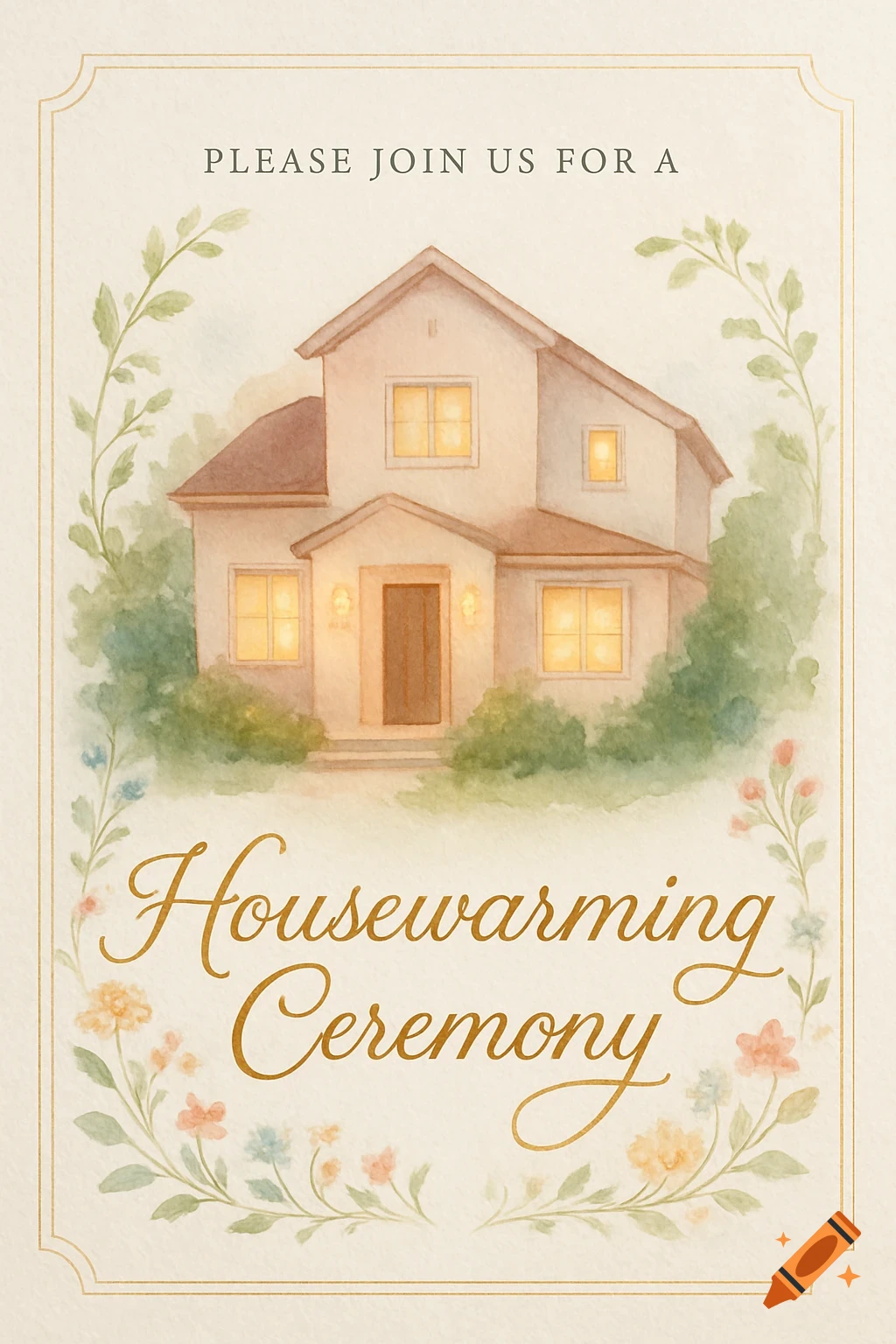Watercolor invitation card featuring a quaint house surrounded by greenery, with a floral border and text 'PLEASE JOIN US FOR A Housewarming Ceremony'.