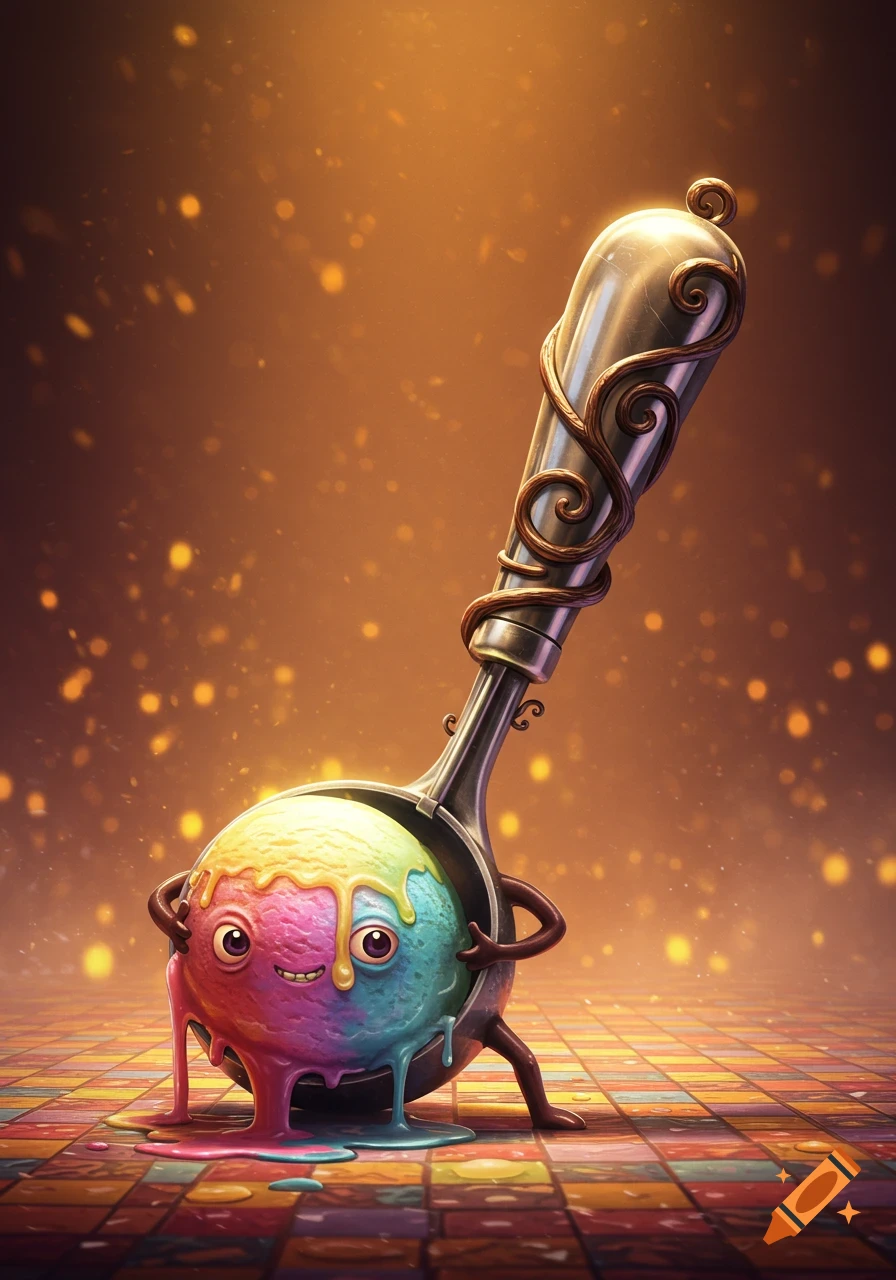 A smiling, melting anthropomorphic ice cream scoop creature in vibrant colors on a tiled floor with a sparkly background.