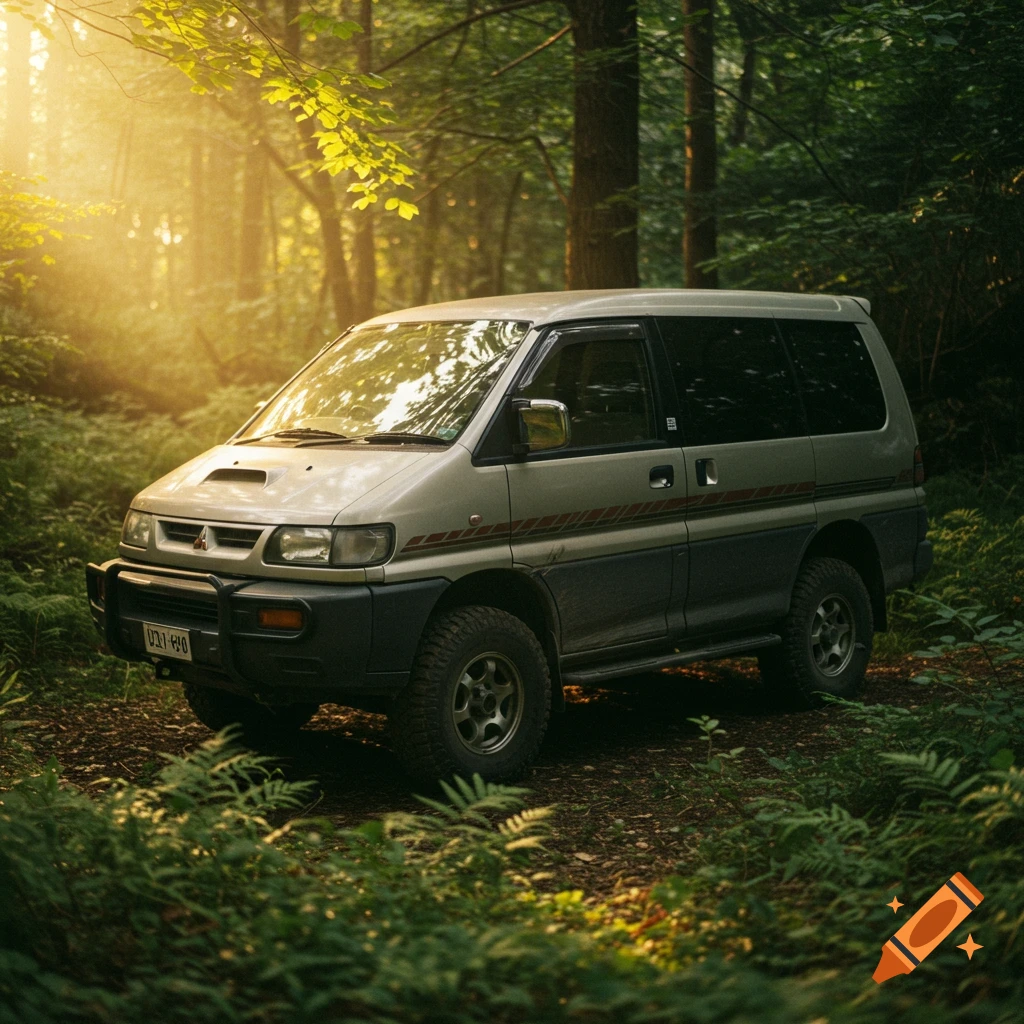 A beige 1993 Mitsubishi Delica 4WD van parked on a dirt path in a sunlit forest, with light dust on its tires, in a photorealistic style.