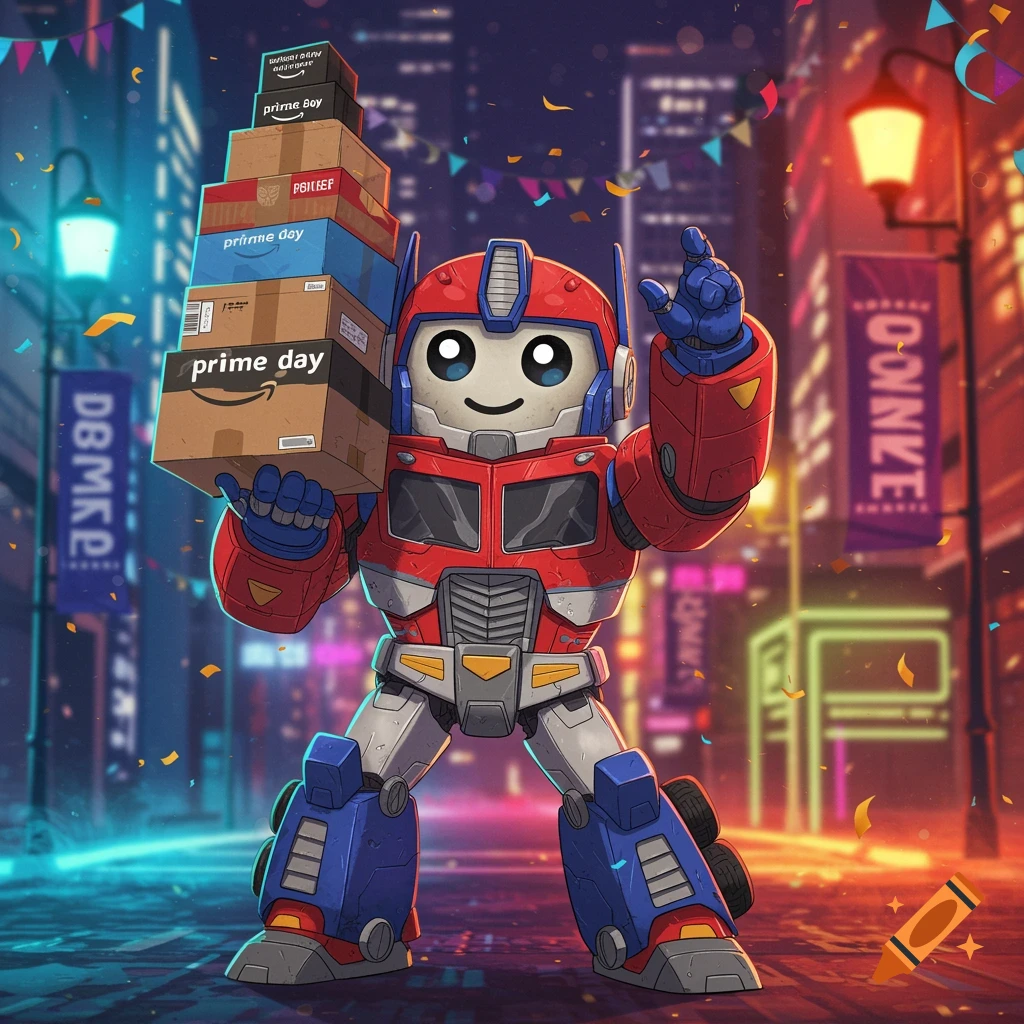 A cute, cartoonish robot, resembling Optimus Prime and Amazon's Peccy mascot, carries a tall stack of Amazon Prime Day boxes in a vibrant, neon-lit city street at night. Confetti falls around him.