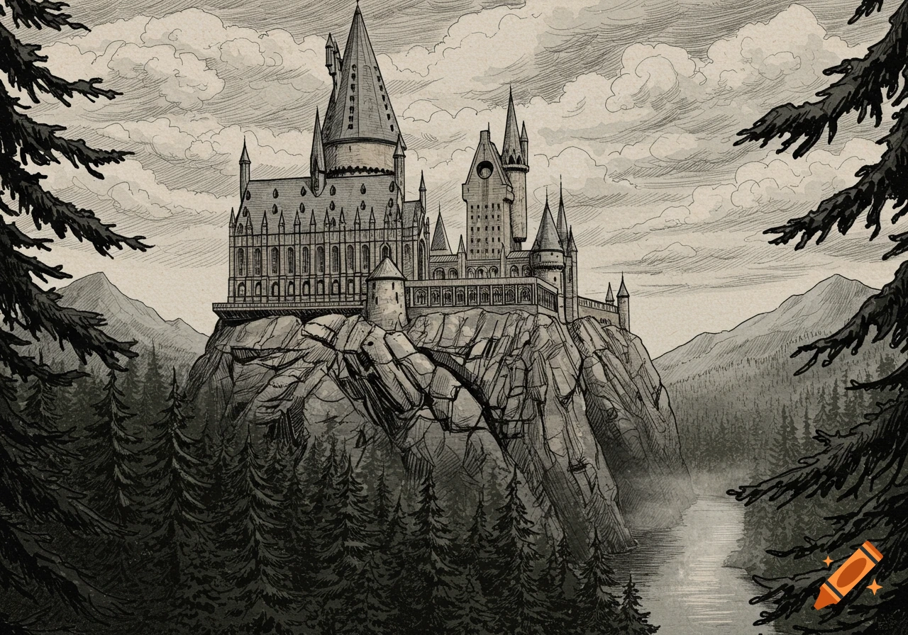 Detailed sketch of a majestic gothic castle perched on a rocky cliff, surrounded by pine forests, mountains, and a river.