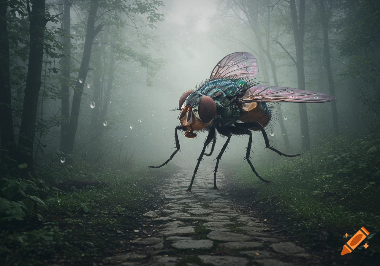 A huge, photorealistic fly stands on a stone path in a misty forest with visible raindrops.