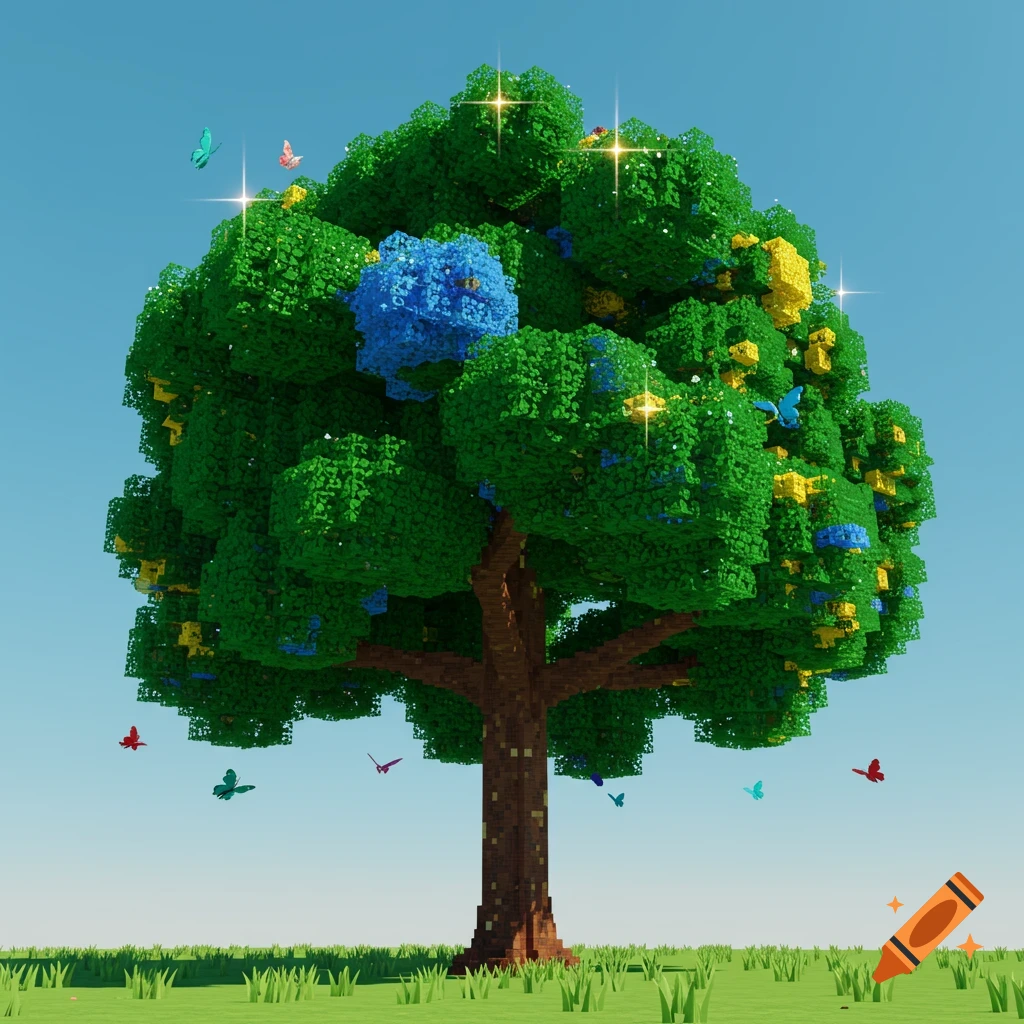 A large blocky tree with green, blue, and yellow foliage and a brown trunk, surrounded by colorful butterflies, in a digital voxel art style.