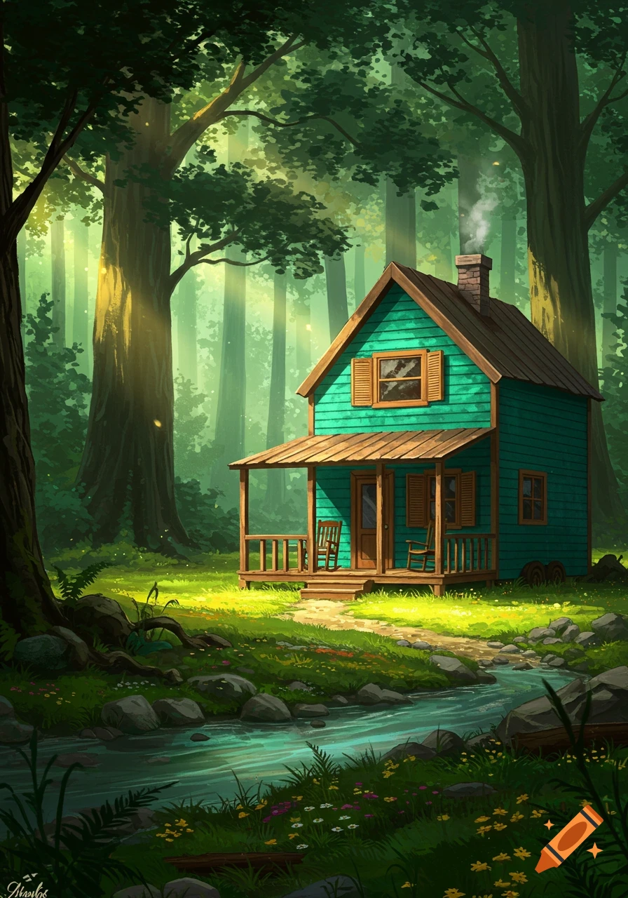 A vibrant teal tiny house nestled in a sun-dappled green forest with a stream flowing by, in a digital painting style.