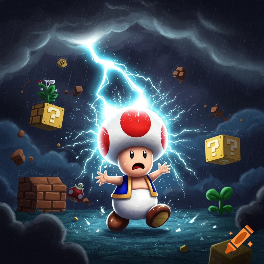 Toad from Super Mario is struck by lightning in a stormy landscape with question blocks and game elements.