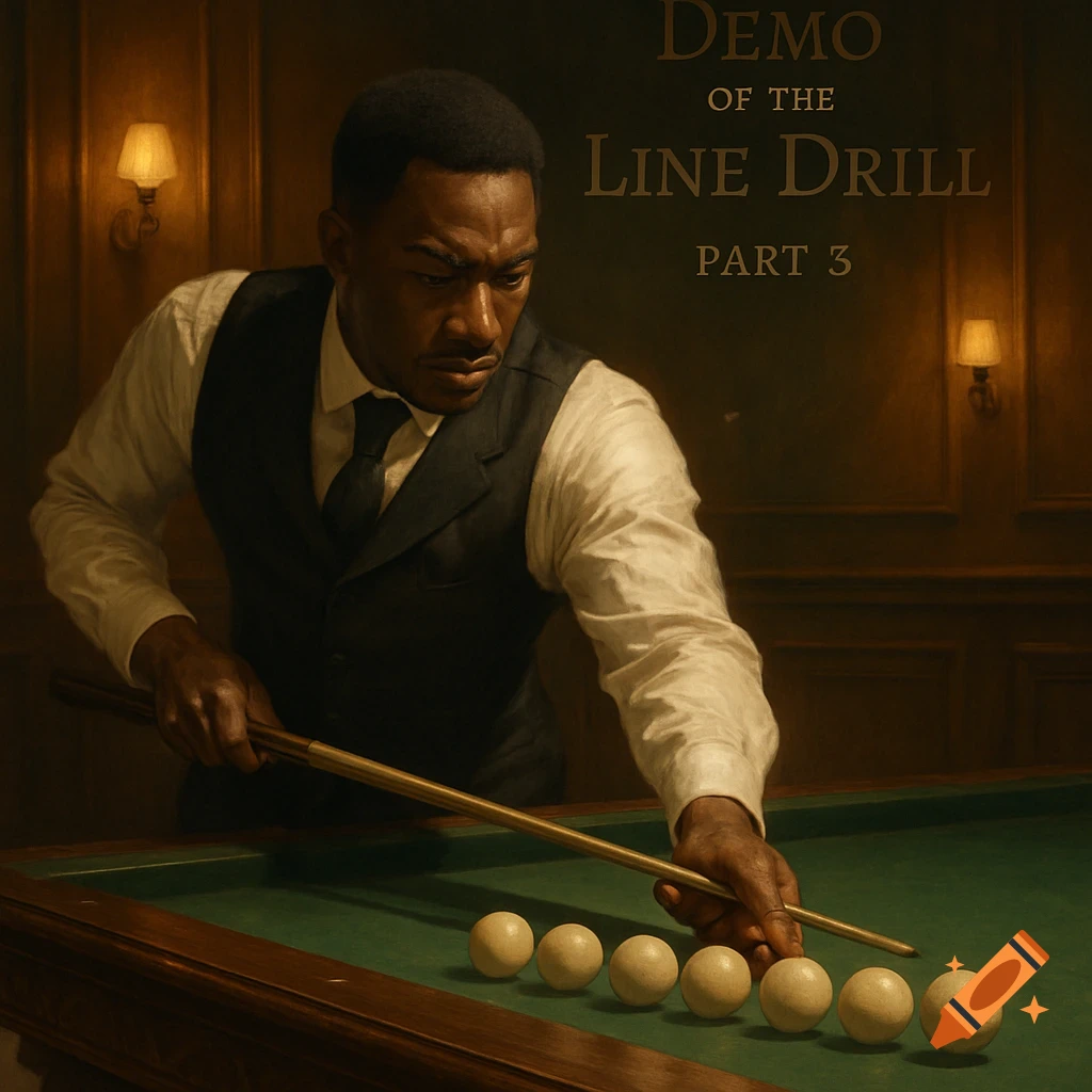 A man in a vest and white shirt plays billiards. A title overlay reads "Demo of the Line Drill Part 3".