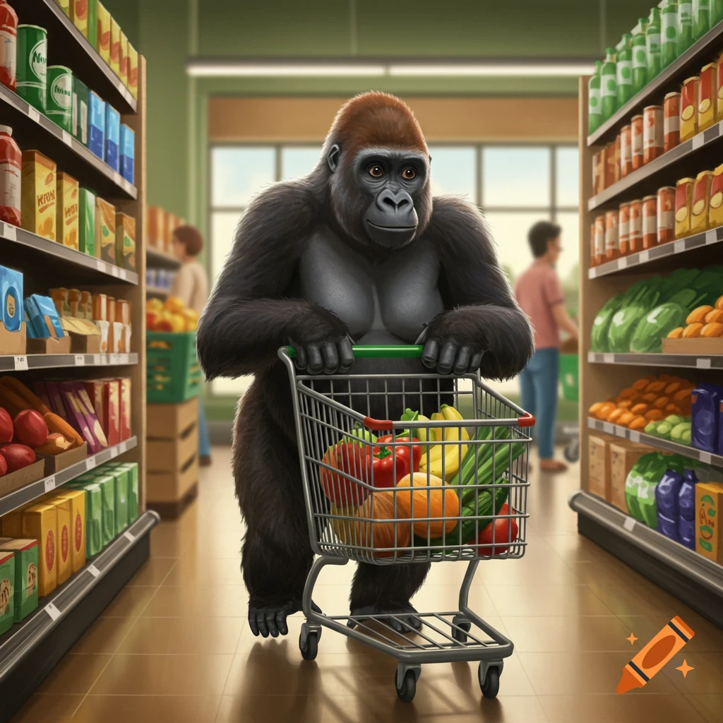 A cute gorilla pushes a shopping cart full of groceries down an aisle in a grocery store, photorealistic style.