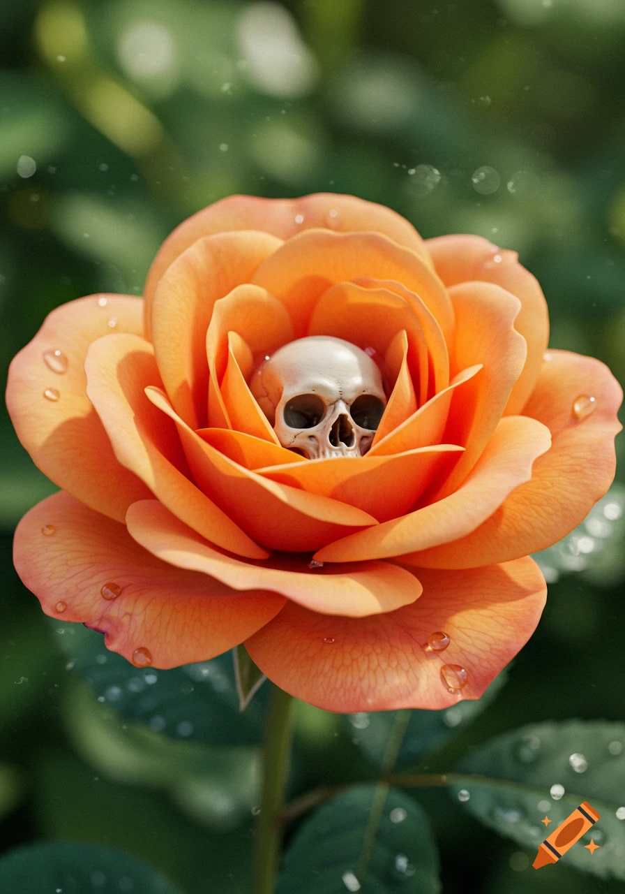 A photorealistic close-up of an orange rose with a small white skull nestled in its center, adorned with glistening water droplets.