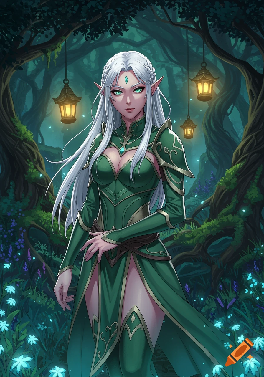 Anime style portrait of a white-haired female elf in a green outfit, standing in a mystical dark forest with glowing lanterns.