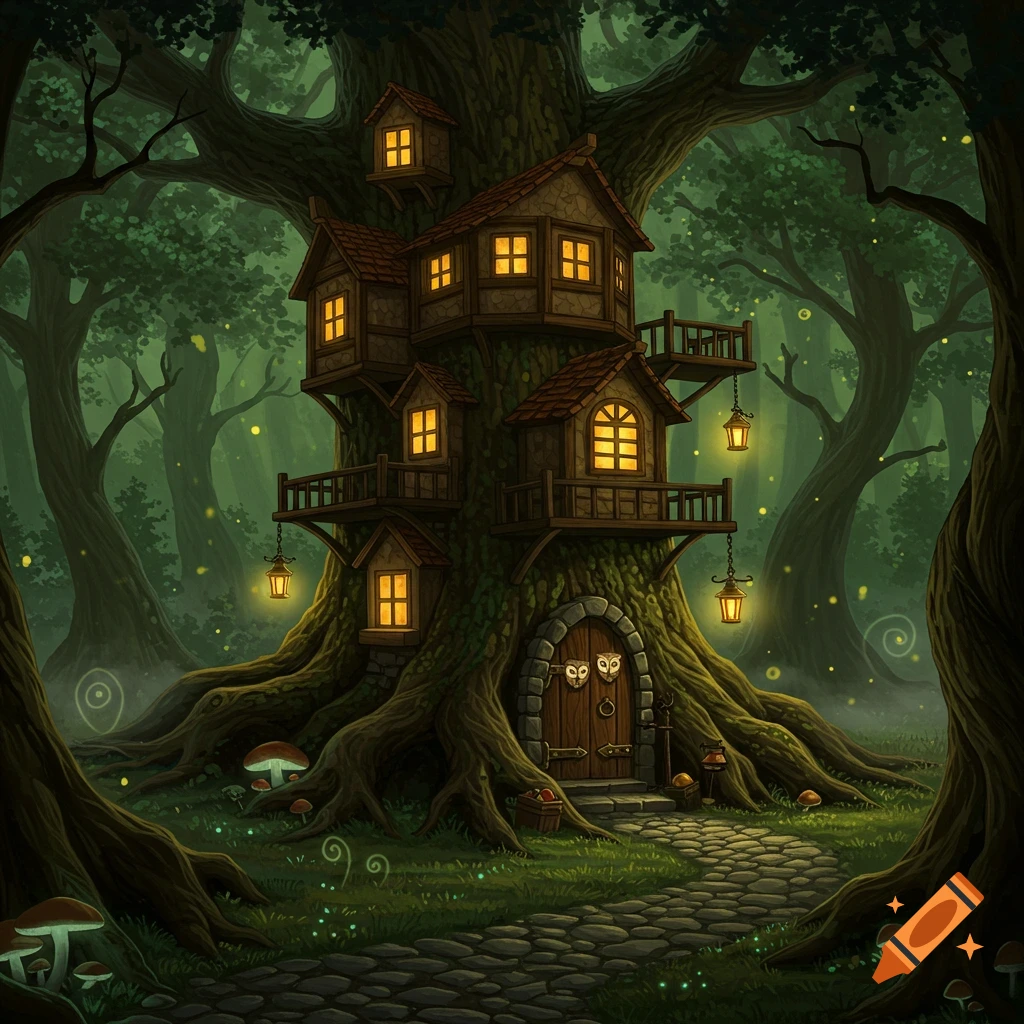 A fantastical multi-story treehouse with warm glowing windows in a lush, dark forest, a stone path leads to its door.