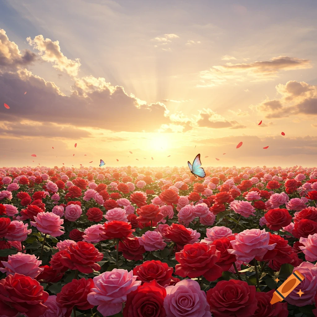 A vibrant field of pink and red roses under a beautiful sunset sky, with butterflies fluttering above.