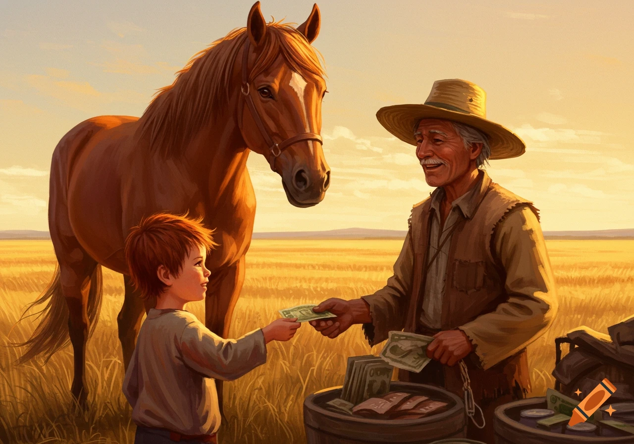 A boy gives money to an old man with a horse in a golden field at sunset.