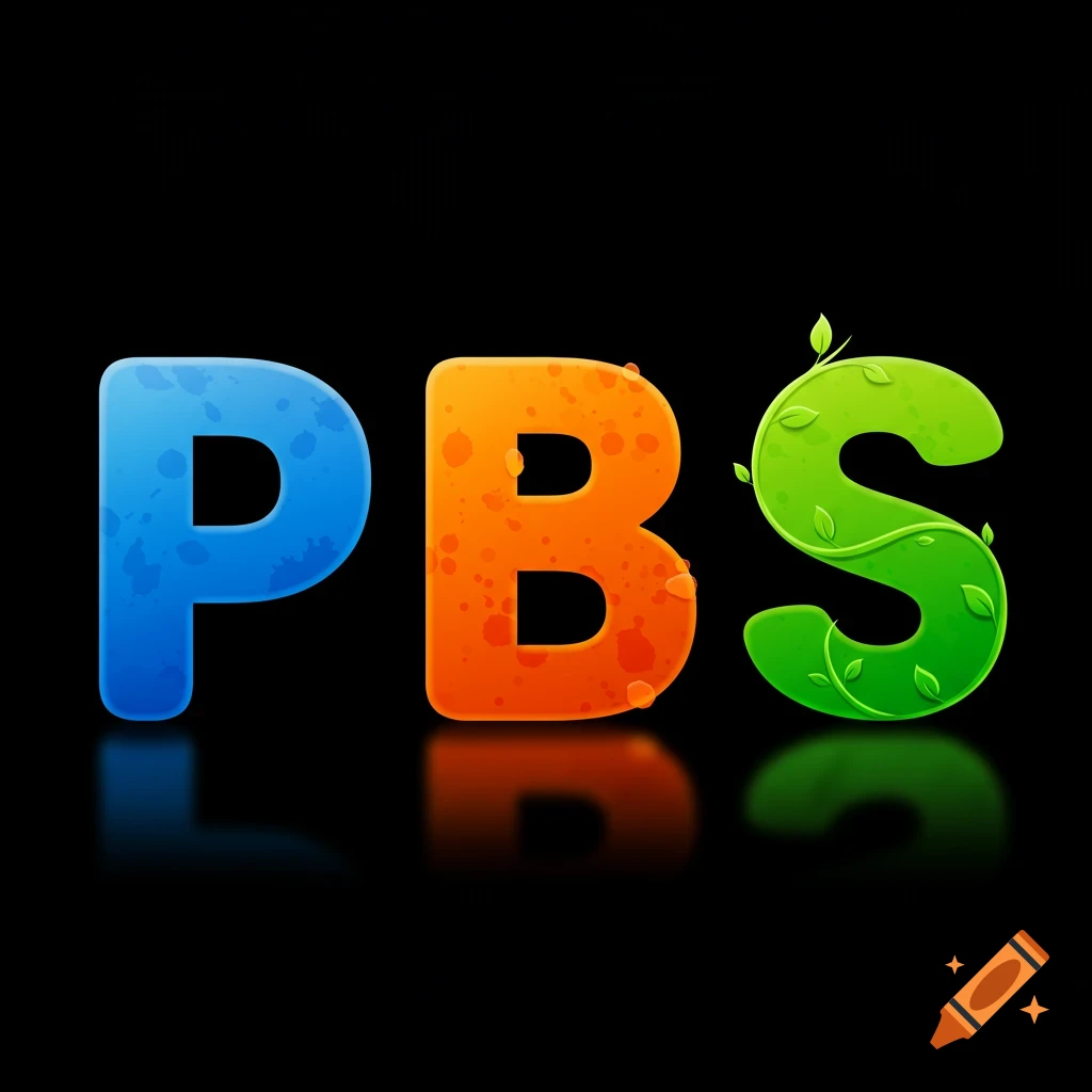 Stylized blue P, orange B, and green S letters with reflections on a black background.