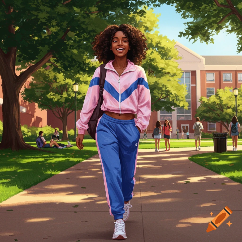 An illustration of a smiling Black woman with curly hair walking on a college campus pathway, wearing a pink and blue tracksuit and a backpack.