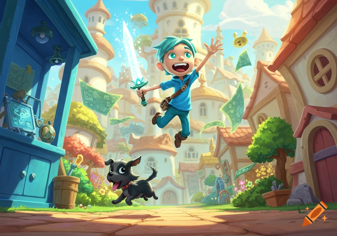 A teal-haired boy with a glowing sword jumps excitedly in a vibrant cartoon village, with a black dog running nearby and green papers floating in the air.