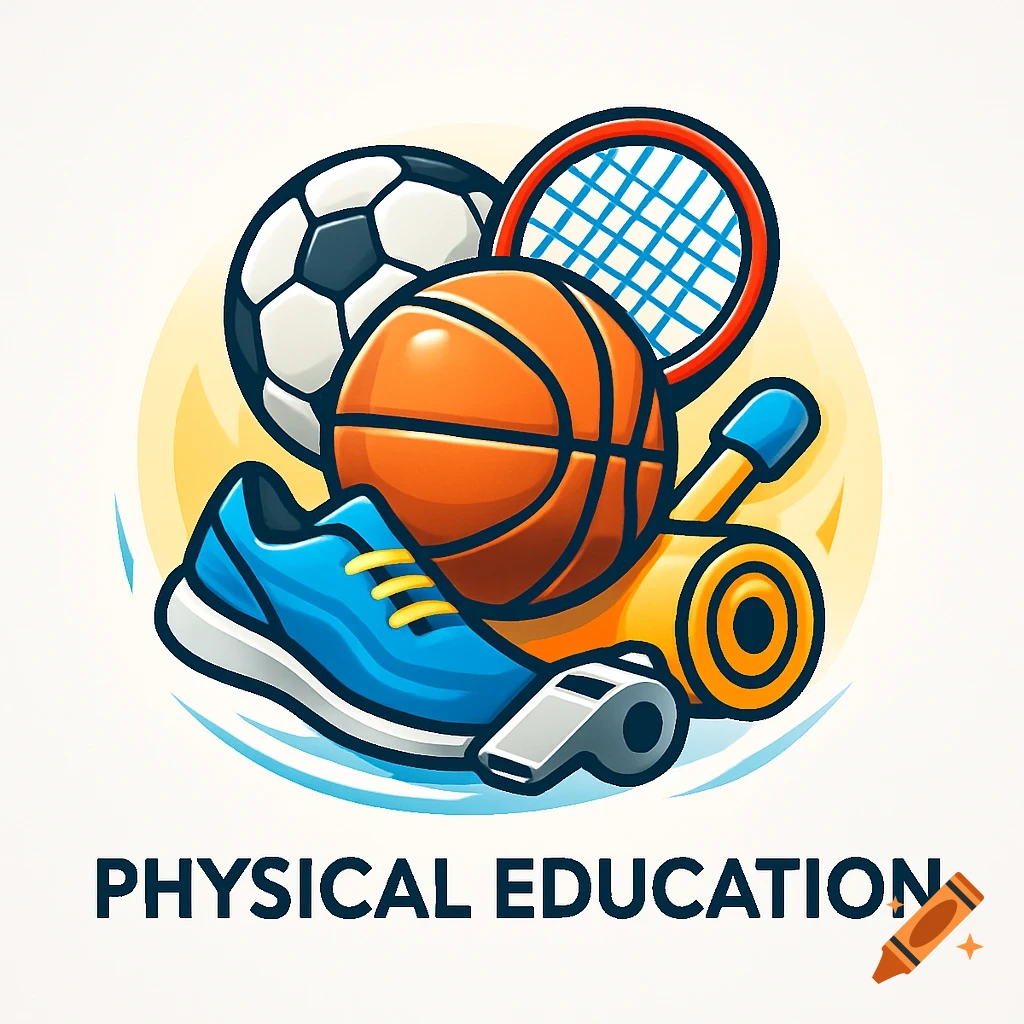 A colorful logo depicting sports equipment including a soccer ball, basketball, tennis racket, running shoe, whistle, and a rolled mat, with 'PHYSICAL EDUCATION' text below.
