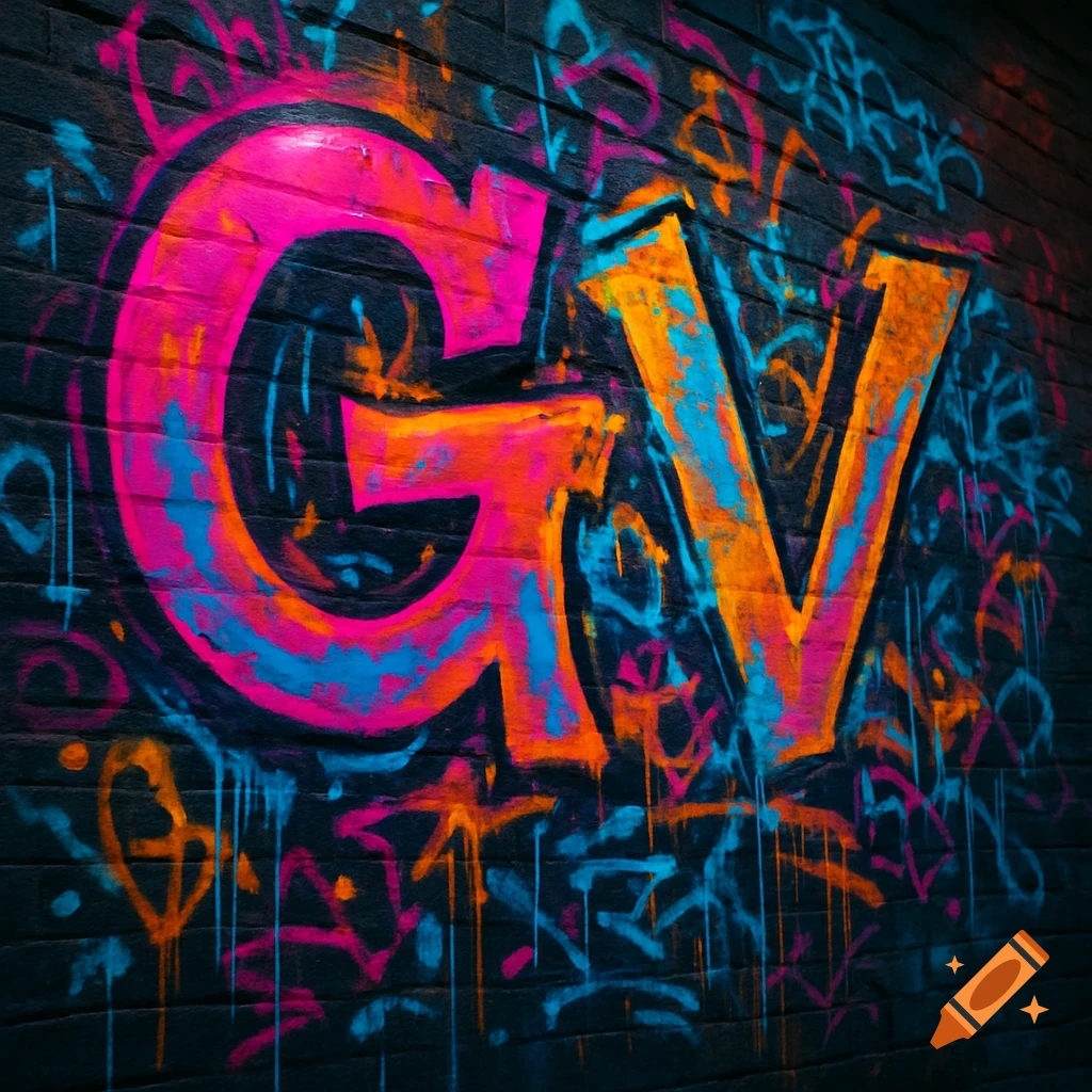 Vibrant neon pink and orange graffiti spelling 'GV' with blue accents on a dark brick wall.