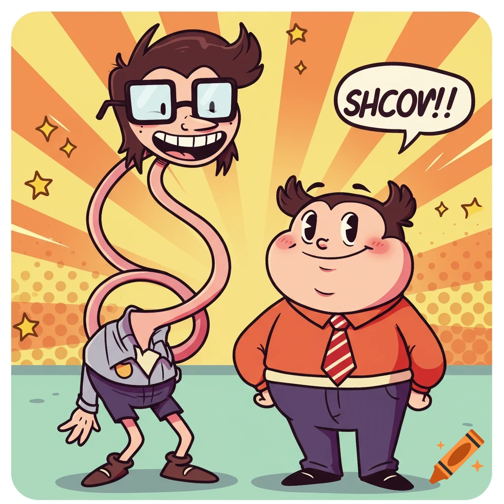 A cartoon of a person with a very long, coiled neck next to a chubby person, with a speech bubble saying 'SHCOV!!' in a comic-style background.
