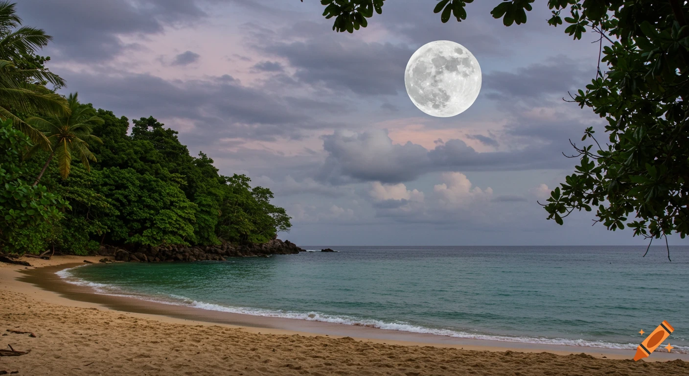 Photorealistic tropical beach at night with lush jungle, calm teal ocean, and a large full moon under a cloudy sky.