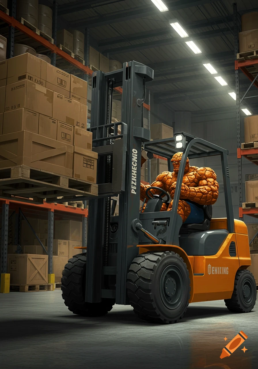 The Thing, a rocky orange superhero, drives a yellow and gray forklift loaded with boxes in a large warehouse with tall shelves.