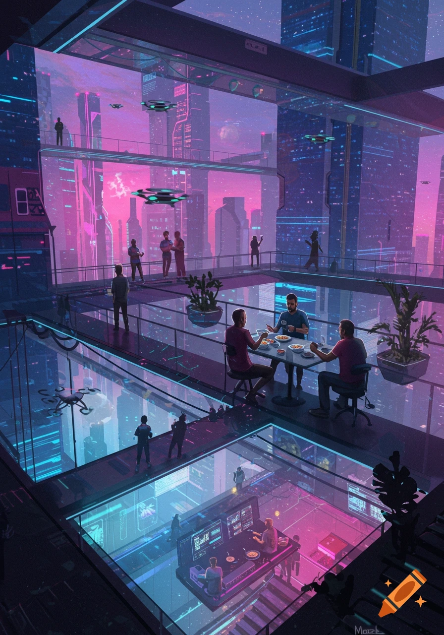 A vibrant, neon-lit futuristic city with multi-level transparent buildings, skywalks, and drones, featuring people eating and interacting.