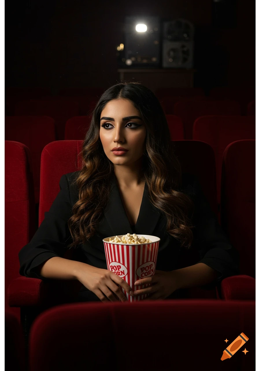 A woman with long wavy hair sits in a dark, vintage cinema, holding a bucket of popcorn. Light from a projector is visible in the background.