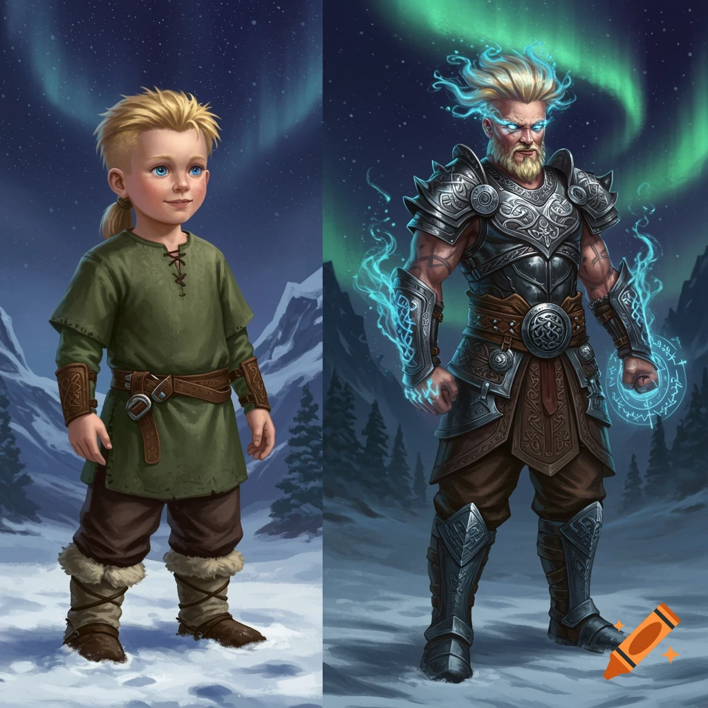 A character concept art showing a young Viking boy before and after transformation into a powerful warrior, against a snowy Nordic landscape with northern lights.