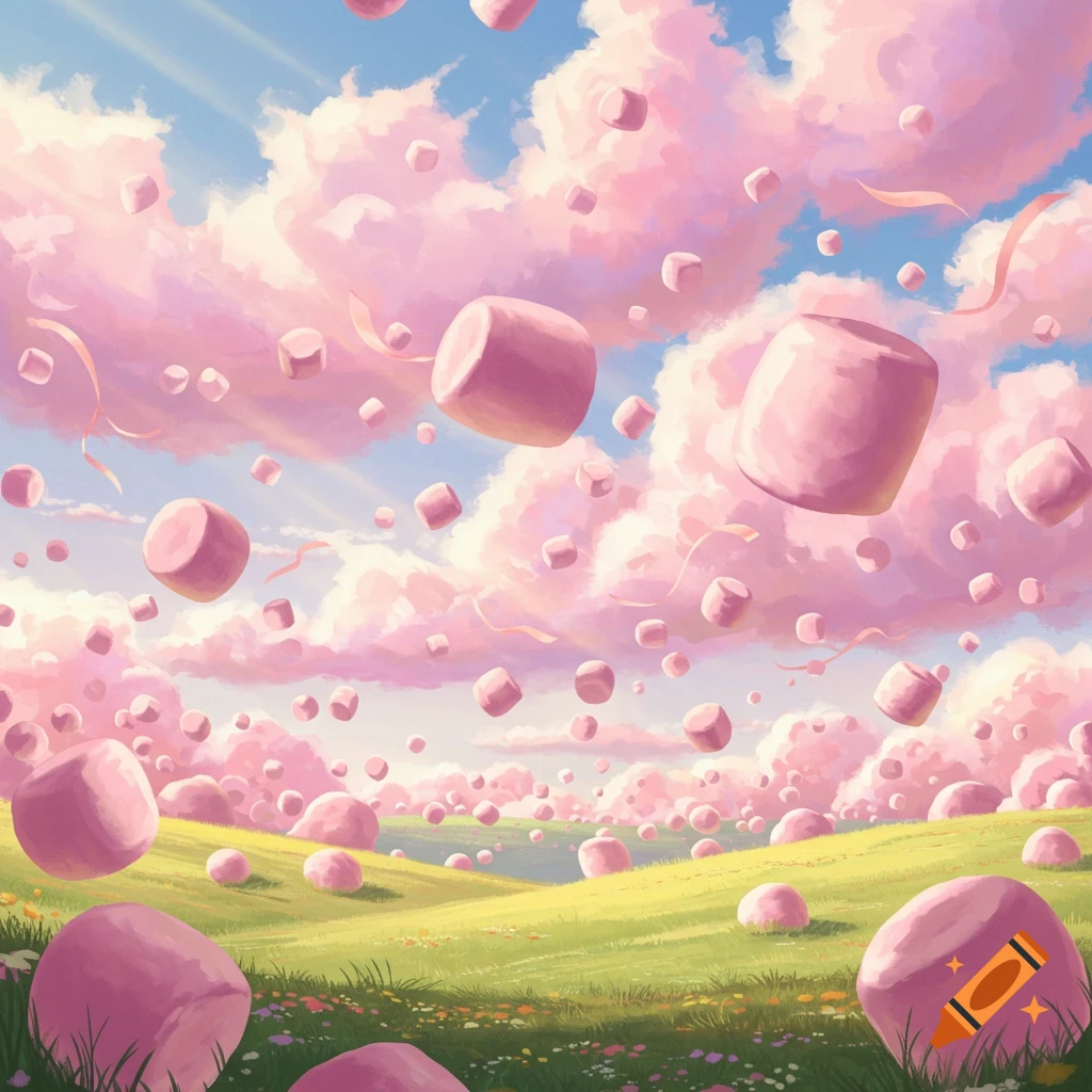 A whimsical landscape with pink marshmallows floating in a blue sky filled with fluffy pink clouds over a green, flower-dotted field.