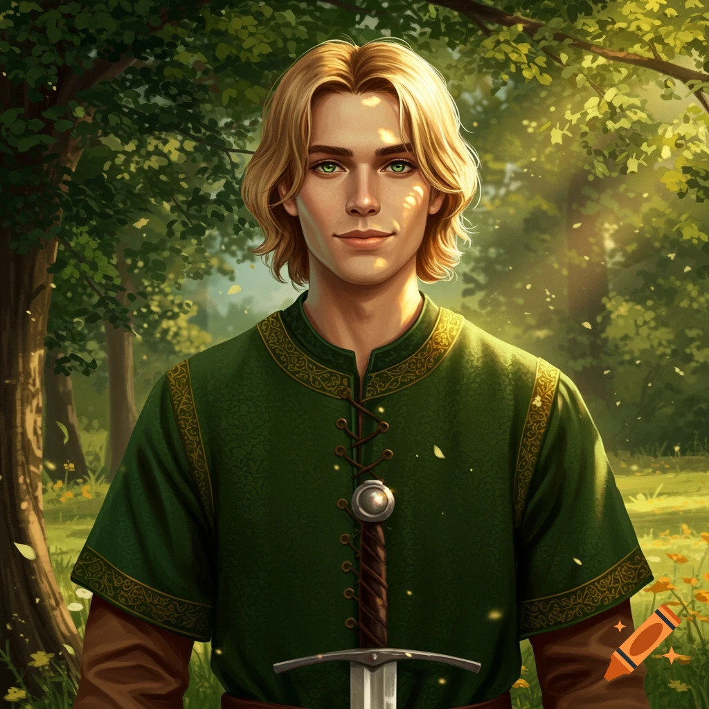 Young medieval man with blond hair and green eyes in a green tunic, holding a sword in a sunlit forest.