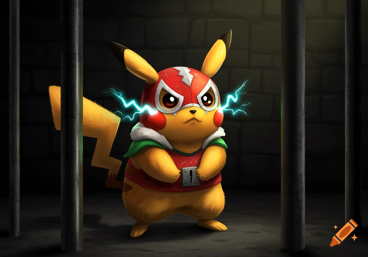 Pikachu Libre stands behind prison bars with lightning sparking from its cheeks in a dark, stylized illustration.