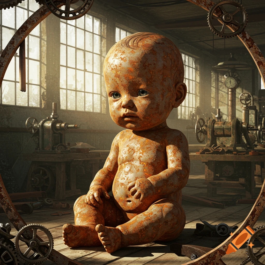 A rusty, doll-like baby sits on a wooden floor in a dimly lit, cluttered industrial workshop with large windows and machinery. Gears frame the image.