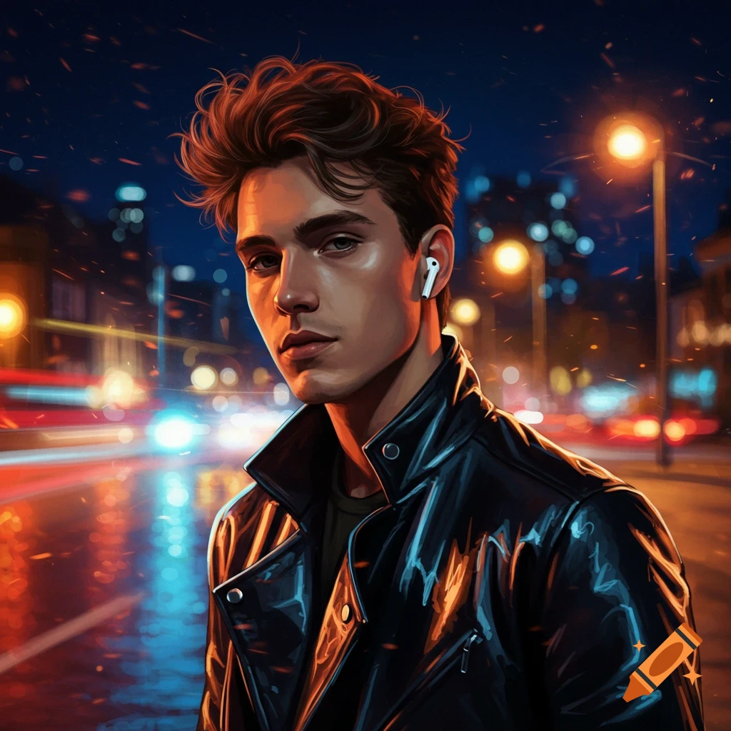 A young man with an AirPod in his ear, wearing a black leather jacket, stands on a city street at night with blurry vehicle lights.