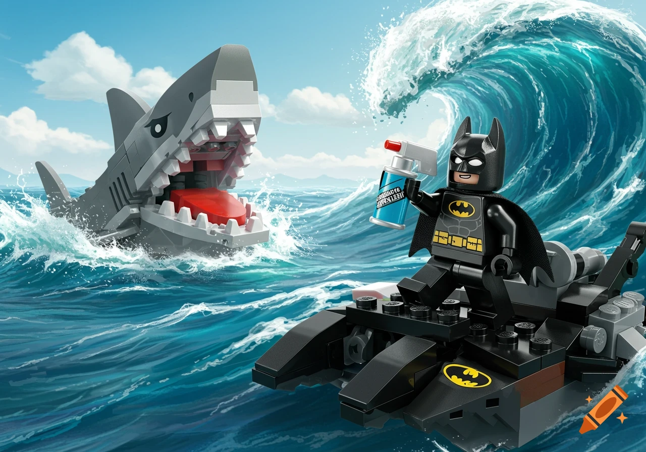 Lego Batman on a jet ski sprays a giant Lego shark with shark repellent in choppy ocean waters under a blue sky.