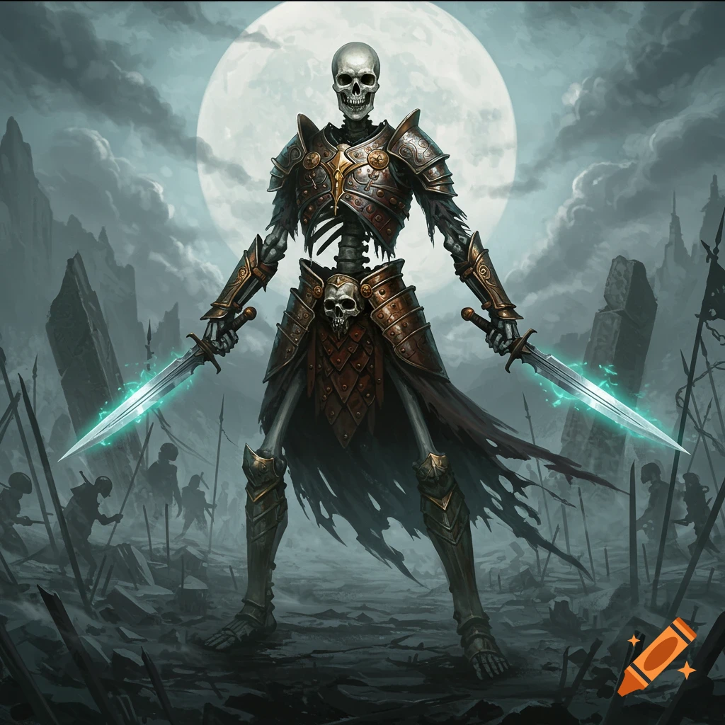 A skeletal warrior in ornate armor holds two glowing daggers on a desolate battlefield under a large moon, in a dark fantasy style.