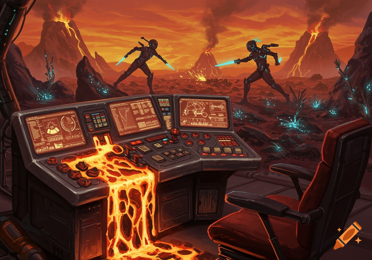 A futuristic console with lava spilling, while two armored figures fight with energy swords on a volcanic alien planet.