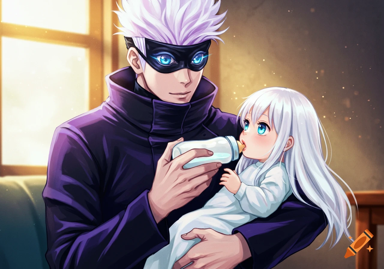 Anime illustration of Satoru Gojo from Jujutsu Kaisen feeding a baby with white hair and blue eyes a bottle.