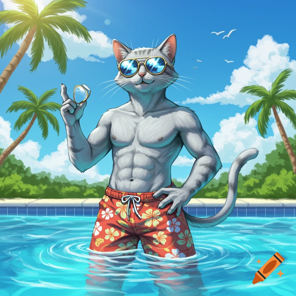A muscular gray anthropomorphic cat in sunglasses and floral swim trunks stands in a swimming pool on a sunny day with palm trees.
