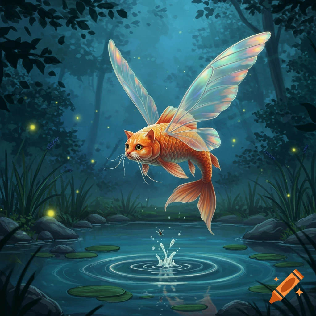 A fantastical cat-headed goldfish with iridescent wings flies over a pond in a magical forest.